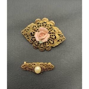 Vintage Lot Of 2 1928 Brand Dainty Gold Tone Feminine Victorian Style Brooches